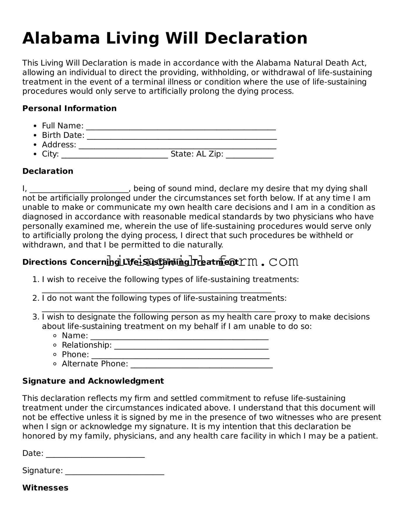 Attorney-Verified Alabama Living Will Template