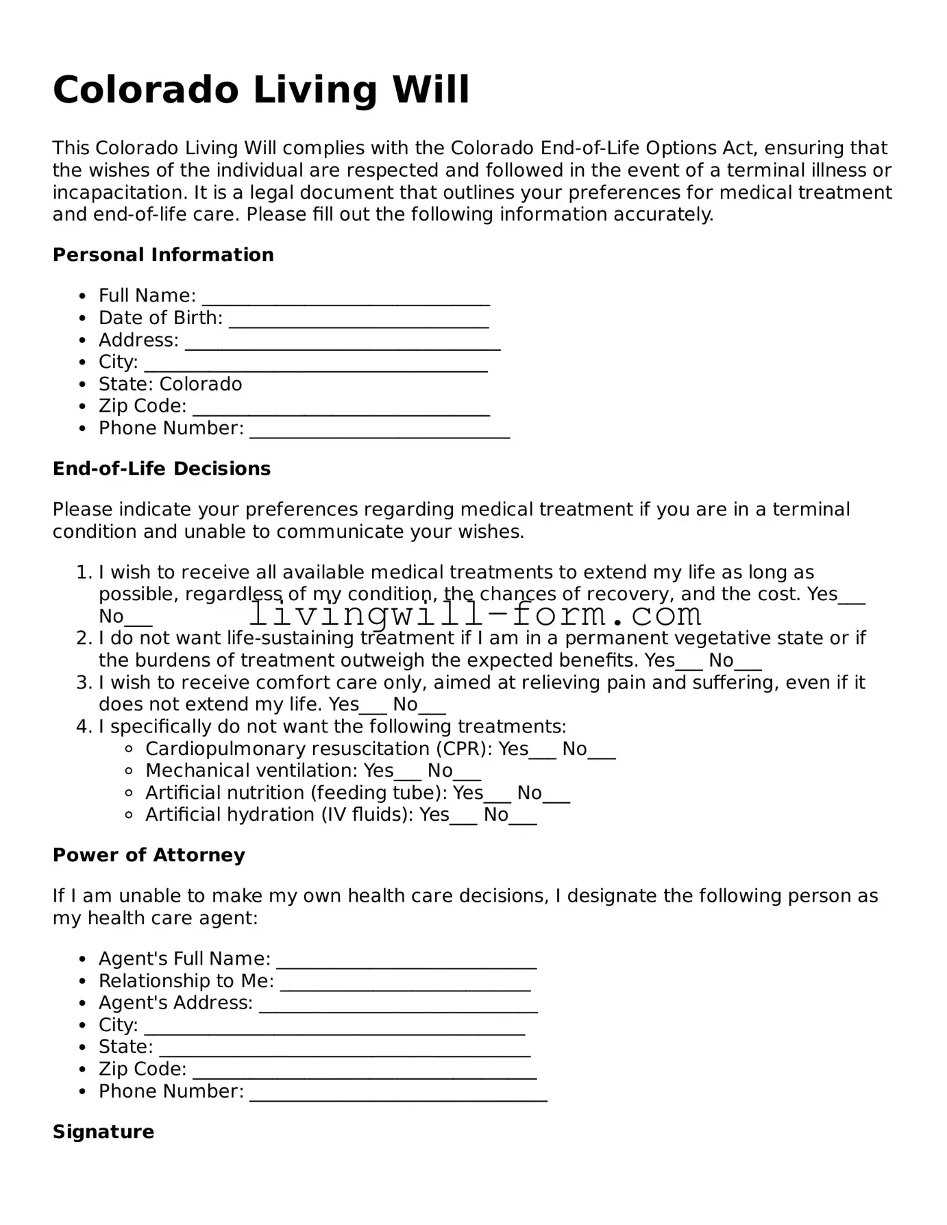 Attorney-Verified Colorado Living Will Template