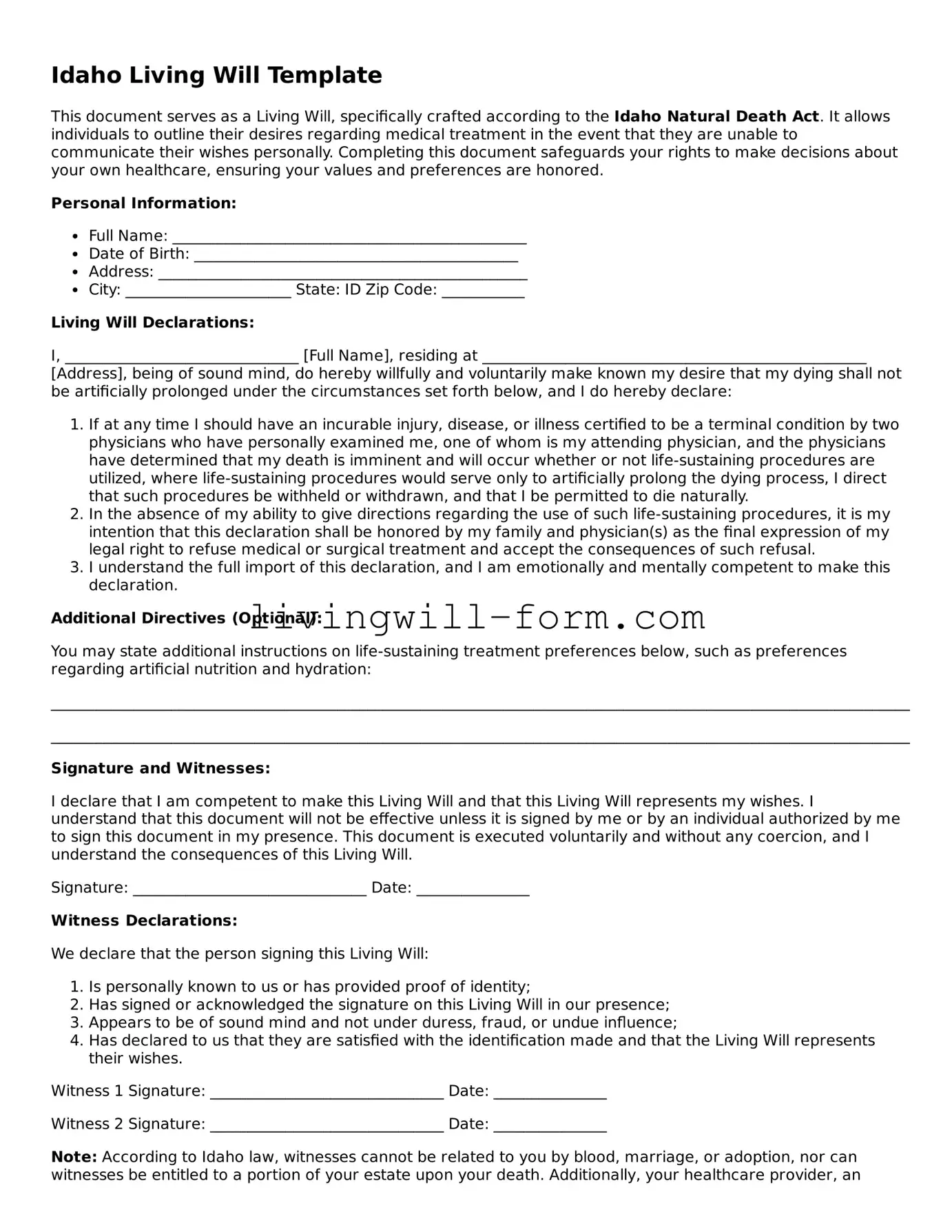 Attorney-Verified Idaho Living Will Template