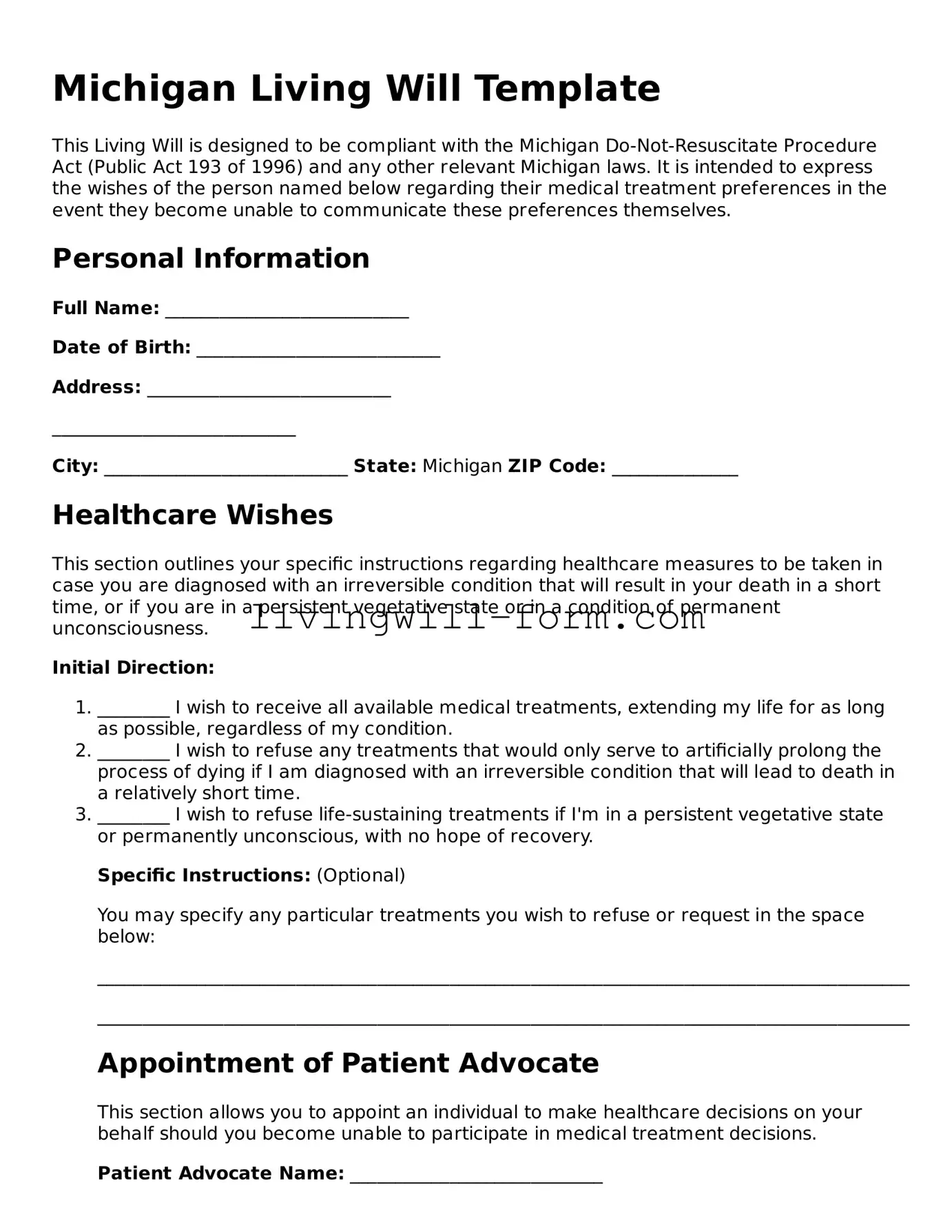Attorney-Verified Michigan Living Will Template