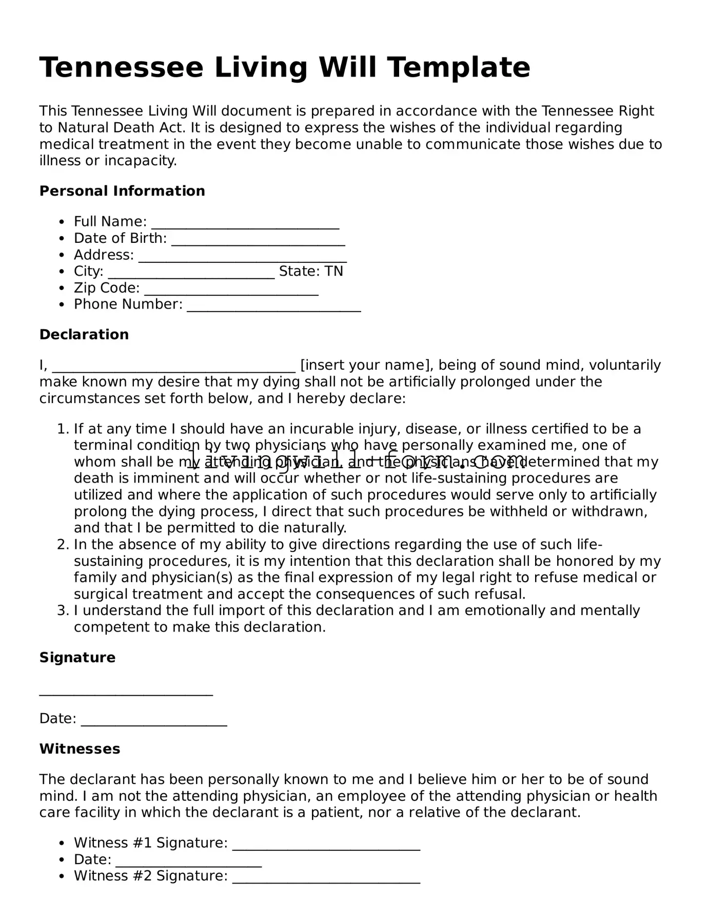Attorney-Verified Tennessee Living Will Template